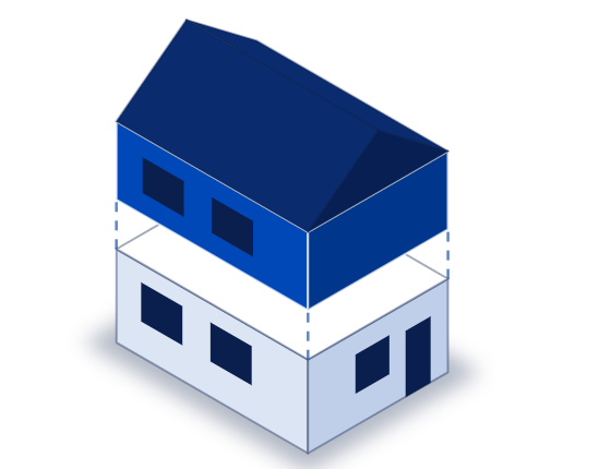 Illustration 3D — étage qui s'ajoute au-dessus d'un bungalow