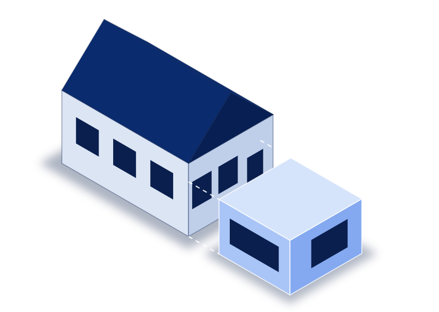 Illustration 3D — maison existante et agrandissement qui s'ajoute sur le côté