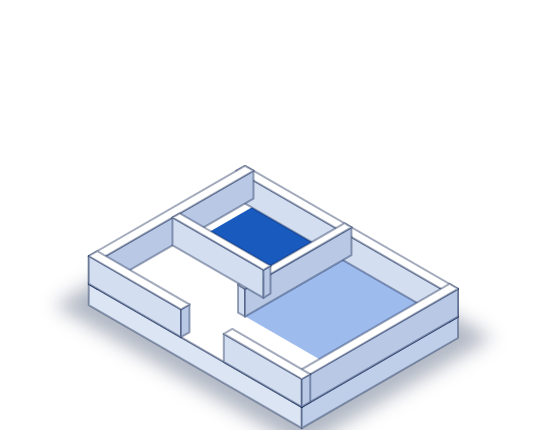 Illustration 3D — plan de plancher avec pièces rénovées en bleu